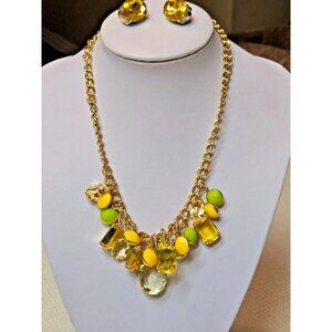 Vintage yellow and Lime Green Lucite Plastic Gold Tone Necklace and Earring Set